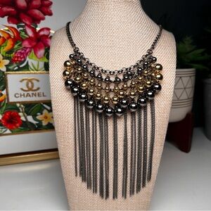 Statement Bib Necklace Gold & Gunmetal Beaded Fringe Chain Chunky Mixed Metal